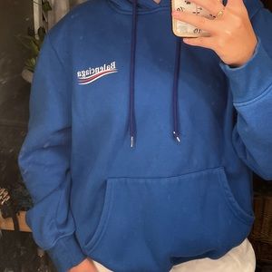 Balenciaga MEN'S POLITICAL CAMPAIGN HOODIE MEDIUM FIT IN PACIFIC BLUE/WHITE